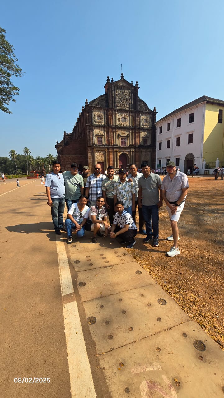 The team outside the Basilica of Bom Jesus on the 25th anniversary Goa trip in 2025.