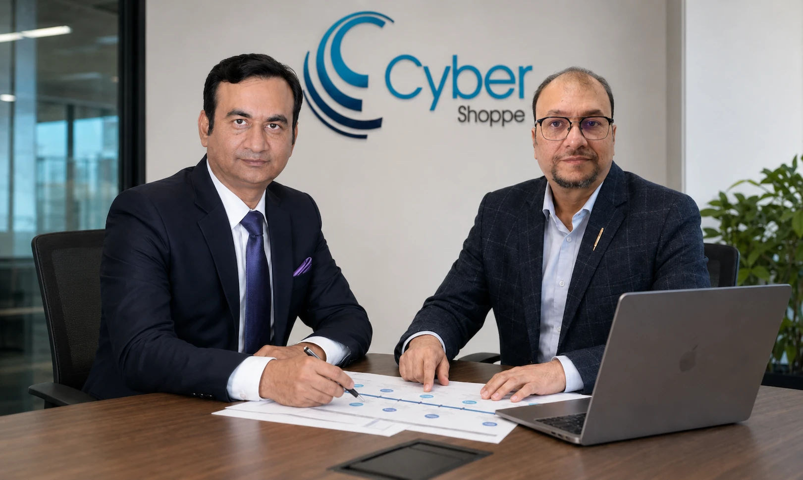 Cyber Shoppe co-founders Kumud Kumar Jain and Nitin Jain seated at a conference table planning business strategy, with the Cyber Shoppe logo displayed behind them.