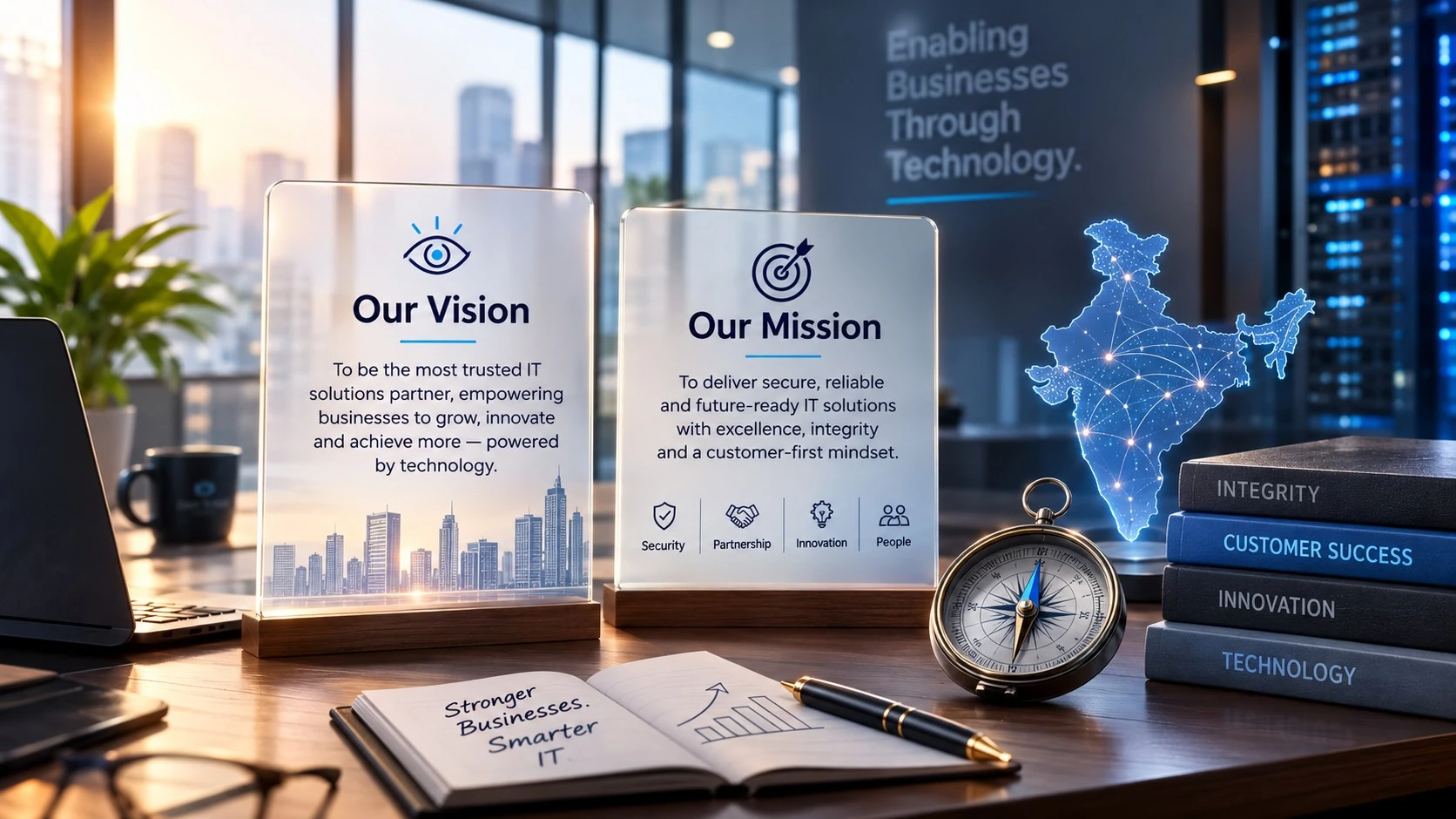 Two lit acrylic plaques on a desk, headed Our Vision and Our Mission, beside a compass, a notebook reading "Stronger businesses. Smarter IT.", and a glowing map of India. The wall behind reads "Enabling businesses through technology".