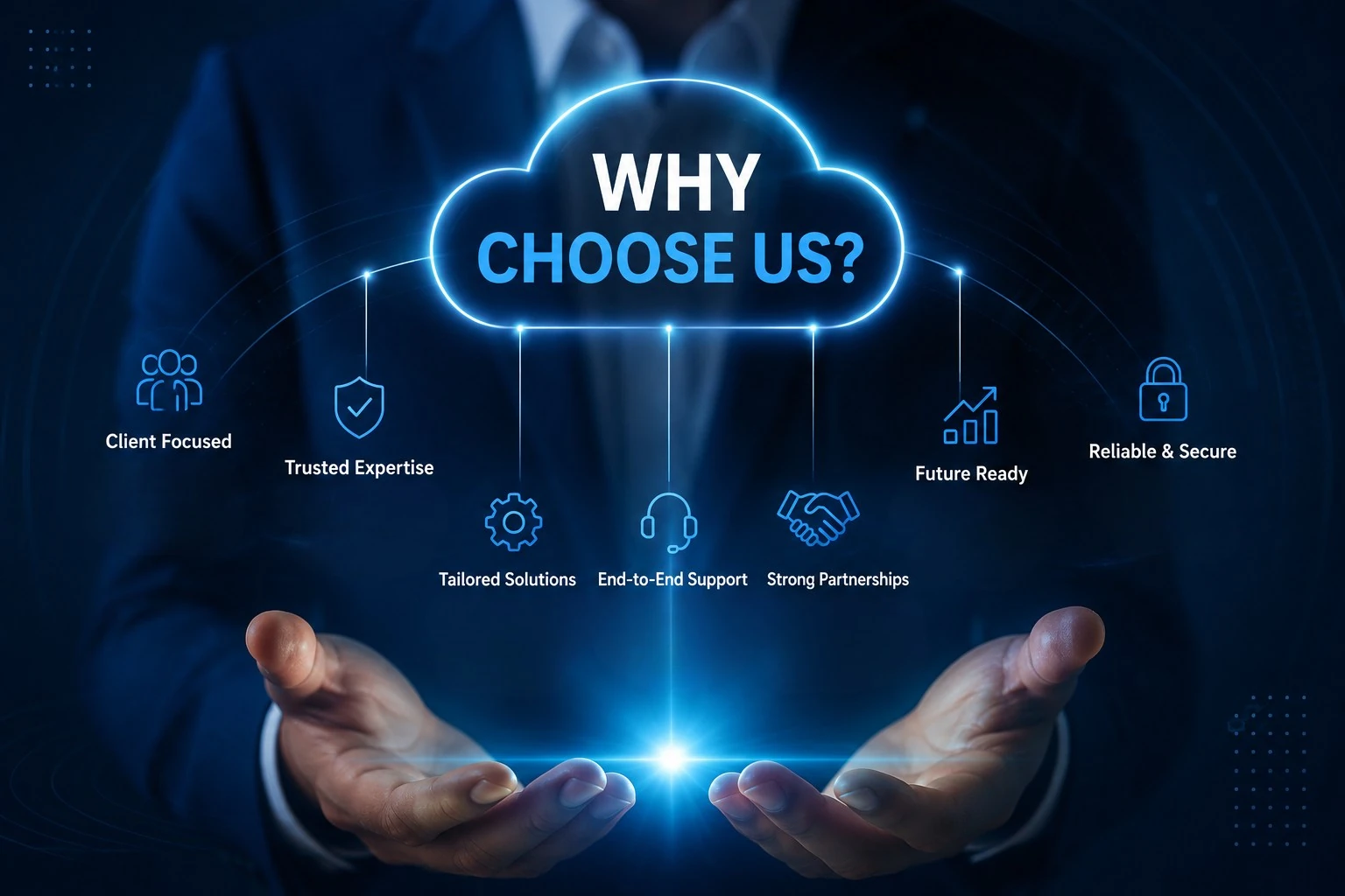 A glowing cloud reading "Why choose us?" held above open hands, wired to seven icons: Client Focused, Trusted Expertise, Tailored Solutions, End-to-End Support, Strong Partnerships, Future Ready, and Reliable & Secure.